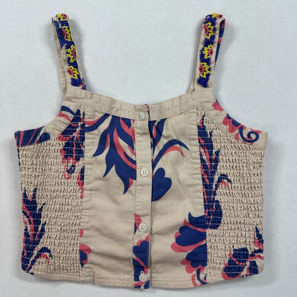Zara Girls Beaded Smocked Top 11-12 Beige Floral Boho Summer Tank Coastal Flora